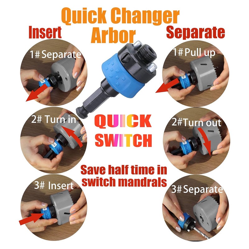 wowsupm Quick Change Mandrel 7/16 Inch Shank New Hole Saw Large Arbor Heavy Duty Fit 9/16 to 10 Inch Hole Cutter with Pilot Drill Bits - Image 4